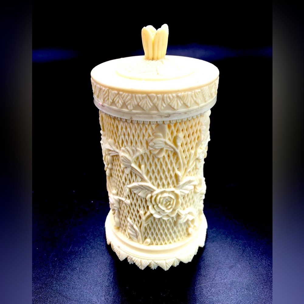 VTG Ivory Rose Celluloid Embellished Jar & Hors d'oeuvre Retro Cocktail Forks